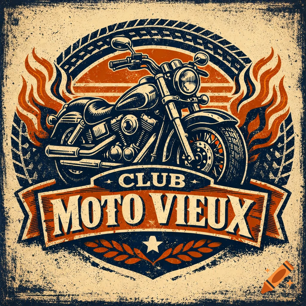 Vintage-style logo with a motorcycle, flames, and the text CLUB MOTO VIEUX, on a distressed background.