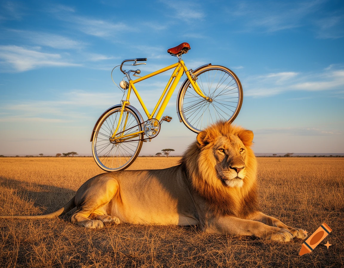 A yellow bicycle balanced on a majestic lion resting in a golden savanna under a blue sky at sunset.
