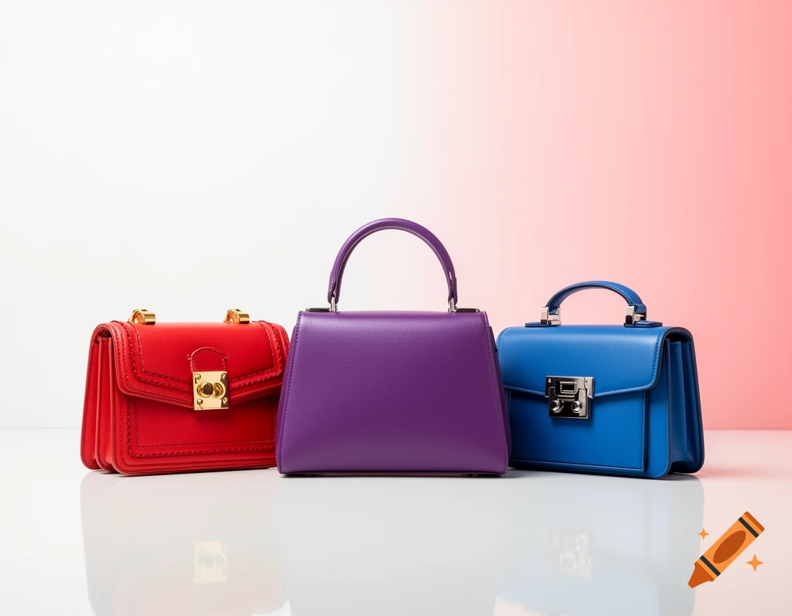 Three colorful purses, red, purple, and blue, displayed on a reflective white surface against a white and pink gradient background.