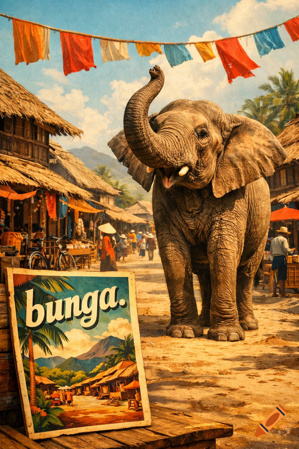 Elephant with trunk raised in a bustling vintage-style village market scene, with a 'bunga.' travel poster in the foreground.