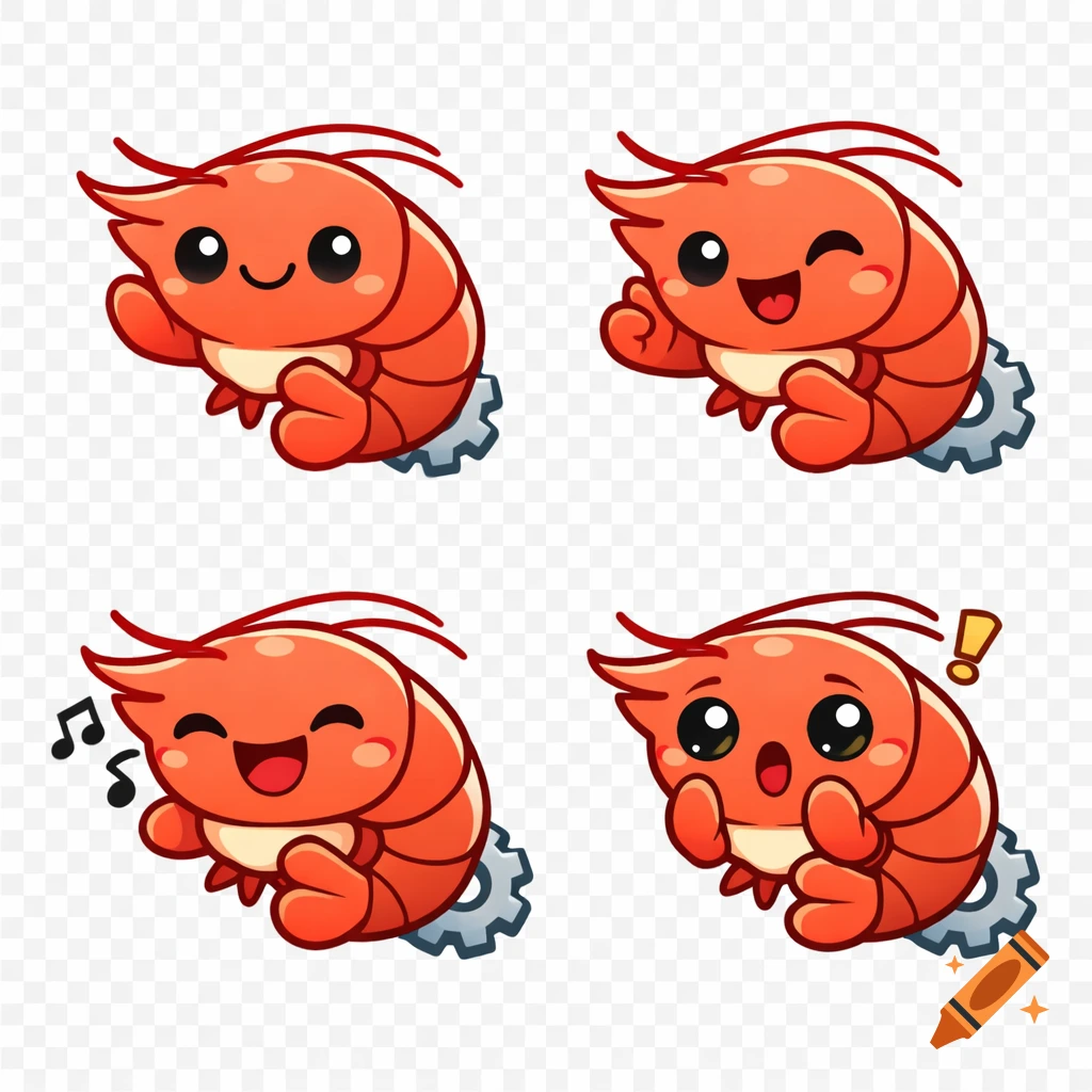 Four cute cartoon orange shrimp mascots with mechanical gears, showing different kawaii expressions against a transparent background.
