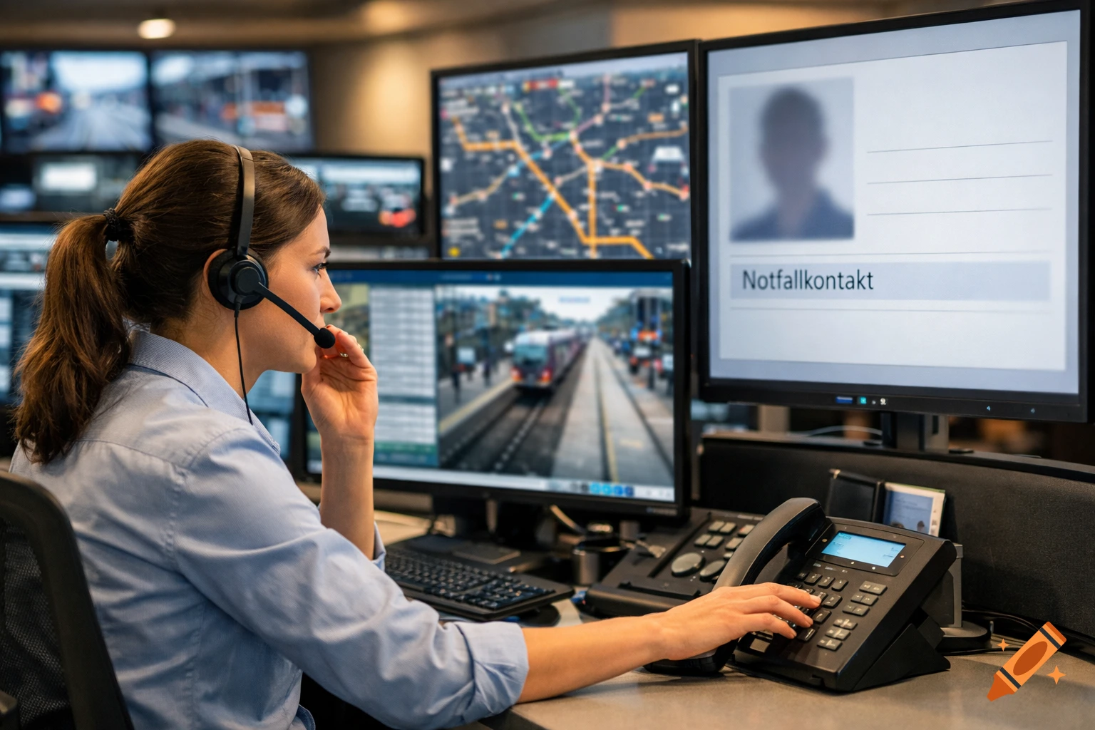 A woman with a headset works in a modern control room, pressing buttons on a phone while looking at multiple monitors displaying maps and surveillance.