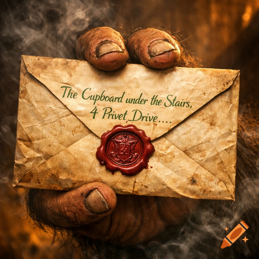 Close-up of a hairy hand holding a vintage letter with a red wax seal and the address 'The Cupboard under the Stairs, 4 Privet Drive...'.