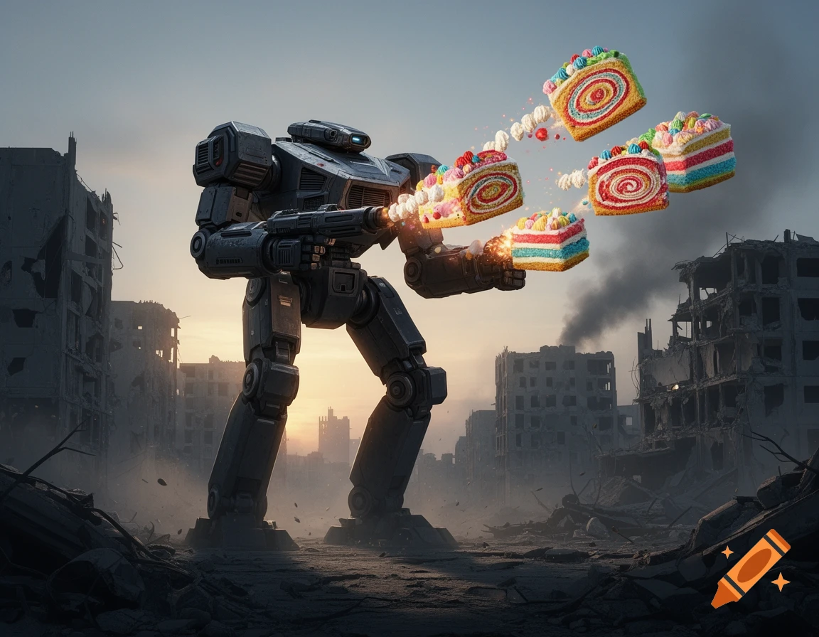 A photorealistic image of a grey Marauder-style mech firing colorful layer cakes with frosting through a desolate, ruined city at sunset.