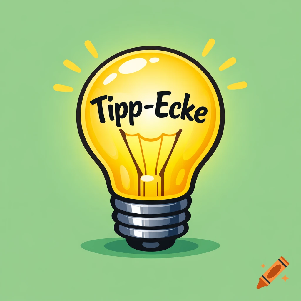 A glowing yellow light bulb with "Tipp-Ecke" written inside, set against a pastel green background in clipart style.