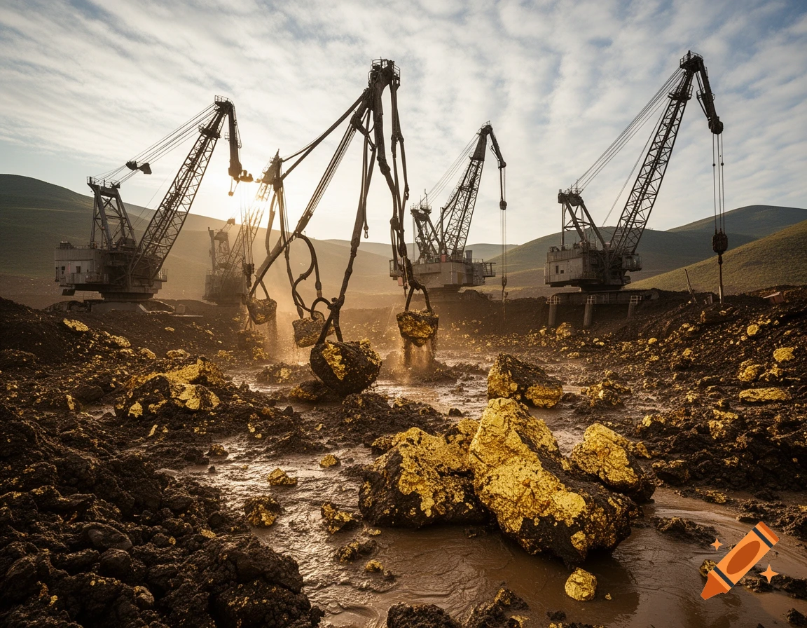 Massive industrial cranes excavate large, gold-encrusted rocks and muddy terrain under a dramatic sky, depicting a gold mining operation.