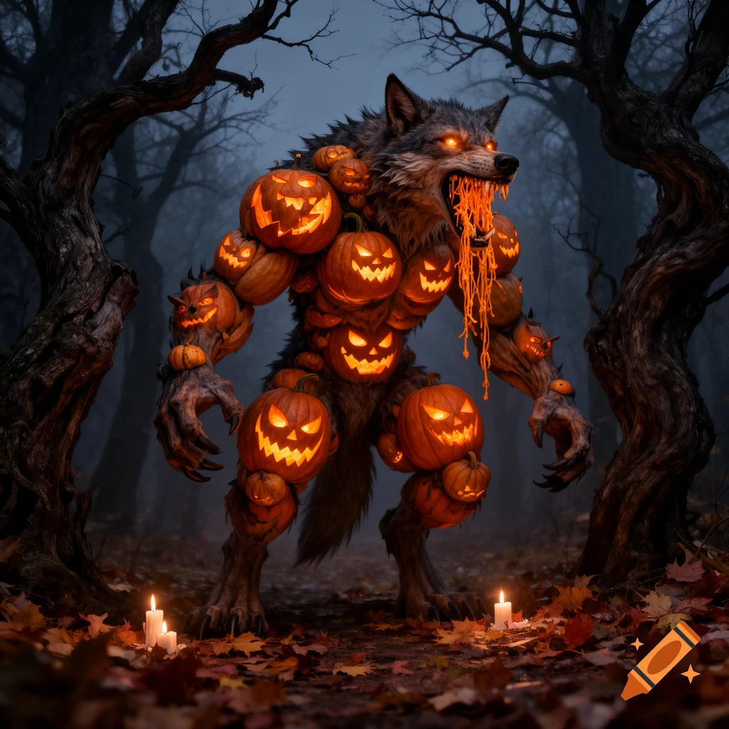 A monstrous werewolf-like creature, its body covered in glowing jack-o'-lanterns, stands in a dark, misty forest with autumn leaves and candles.