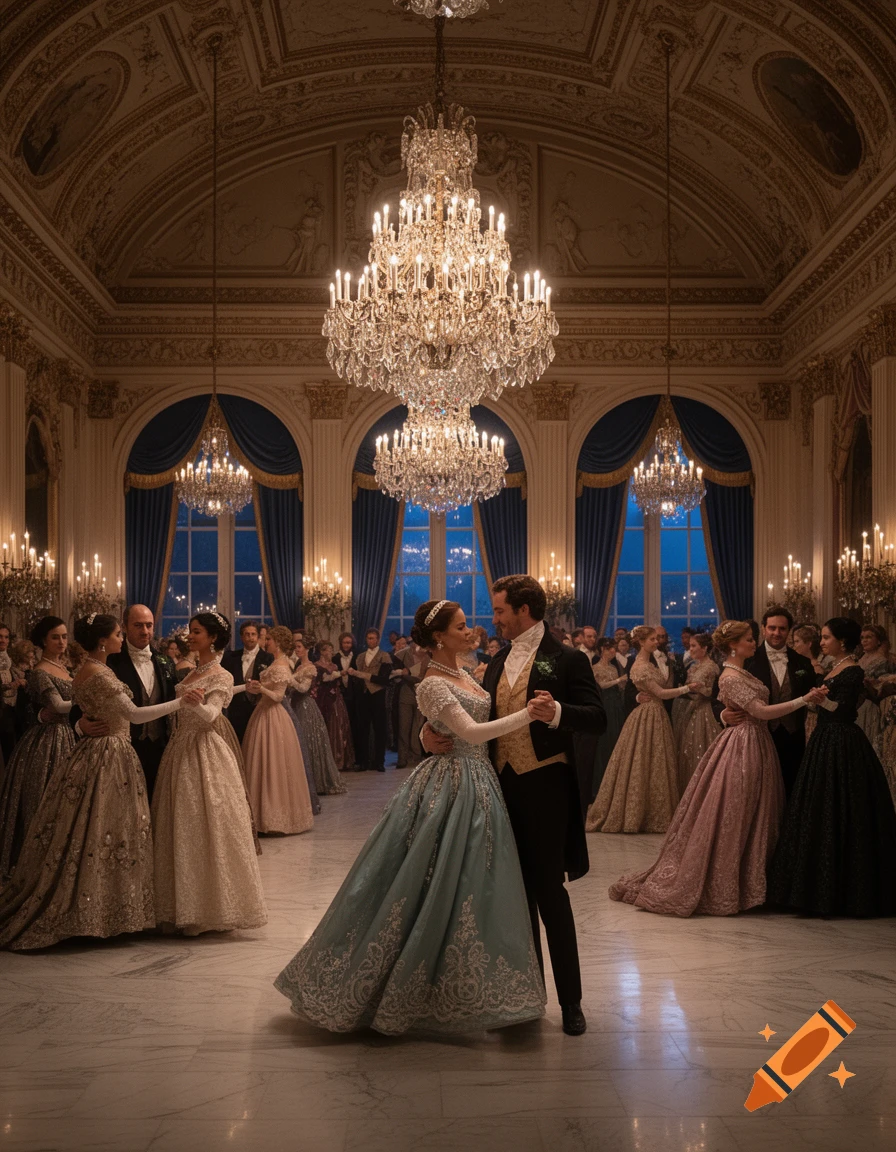 A couple dances in an opulent ballroom filled with other dancers in elaborate period costumes, under grand chandeliers.