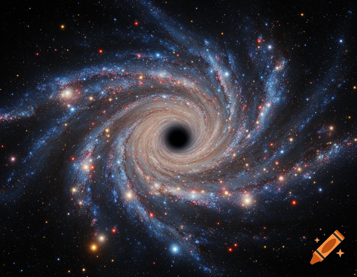 Vibrant spiral galaxy with a black hole at its luminous center, surrounded by colorful stars against a dark cosmic background.