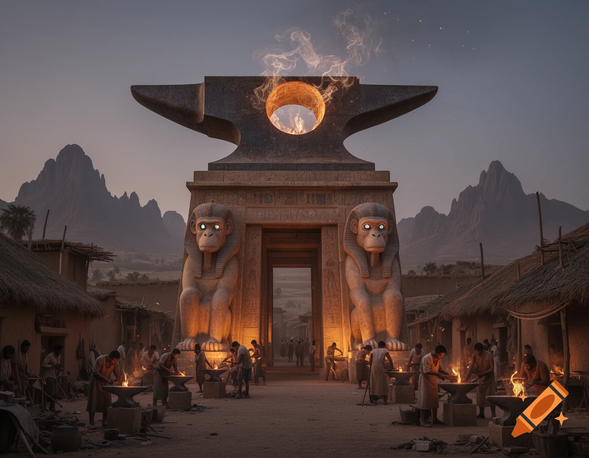 A fantasy scene with an anvil-shaped Egyptian temple, glowing monkey-headed statues, and blacksmiths working in a surrounding village at dusk.