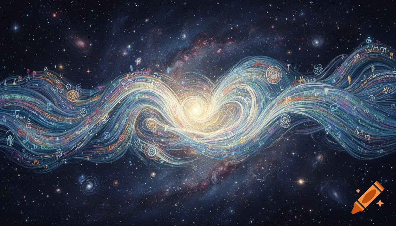 Abstract cosmic ocean with swirling luminous waves representing consciousness and information, set against a dark starry background.