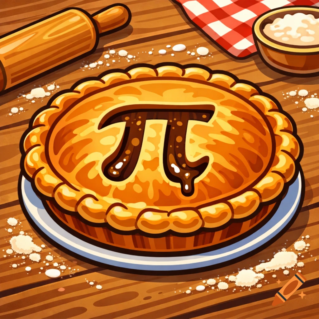 Animated pie with a large pi symbol carved into the crust, on a wooden table with a rolling pin and flour.