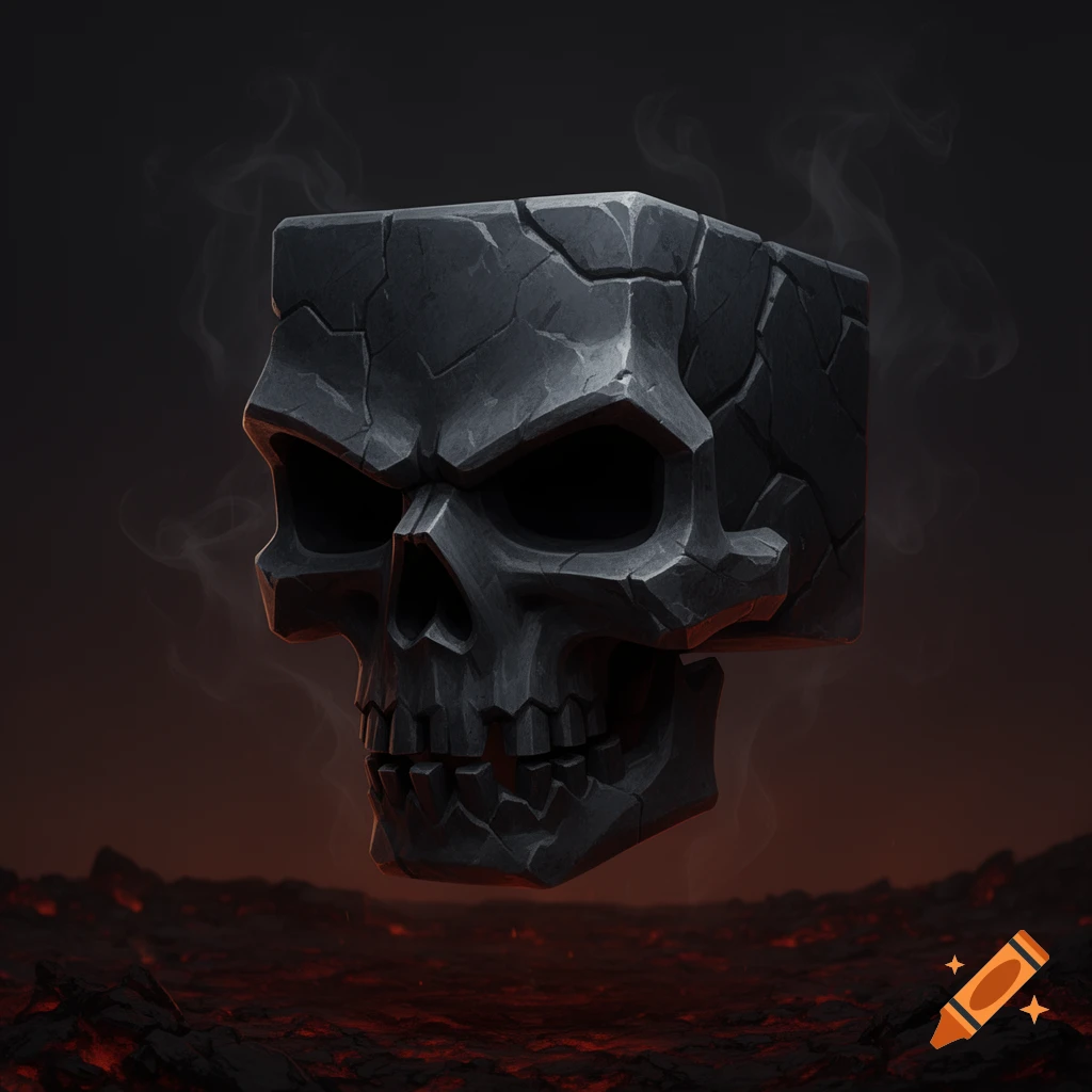 A stylized dark, blocky, cracked skull floats above a glowing, cracked landscape with smoke.