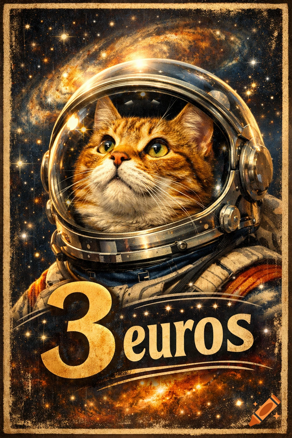 A vintage-style poster depicting a tabby cat in an astronaut helmet looking up at a starry galaxy, with '3 euros' text.