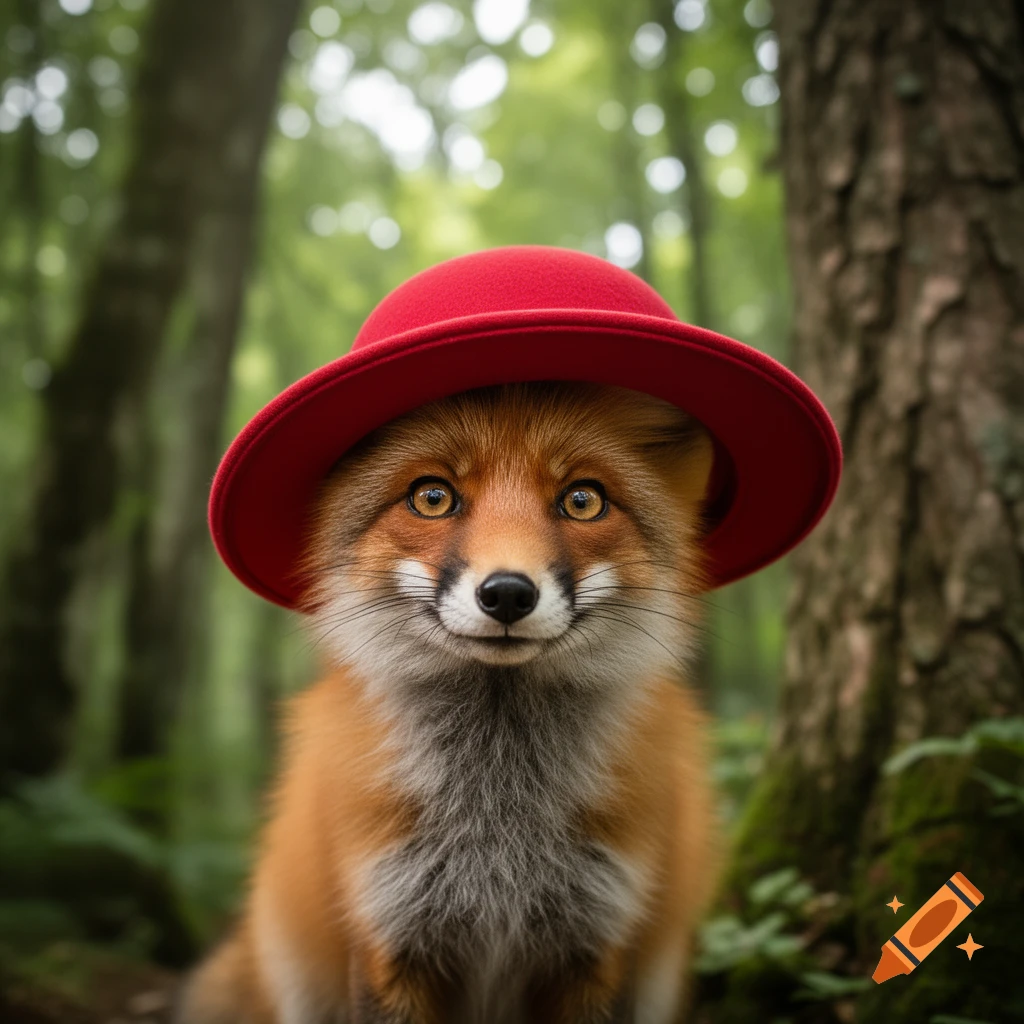 A cute, photorealistic fox wearing a red hat looks directly at the camera in a lush, bokeh-lit forest.