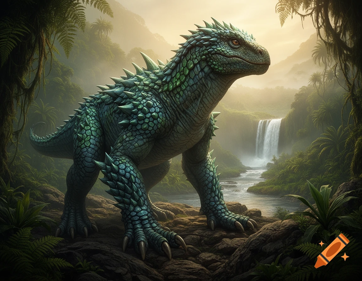 A large, green, spiky-scaled dinosaur-like creature stands in a misty, lush jungle with a waterfall and river.