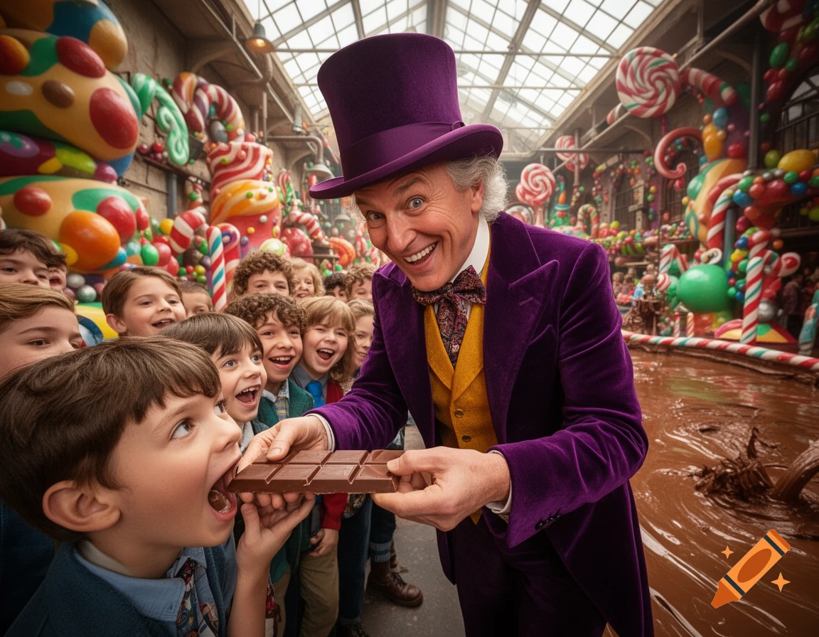 Willy Wonka in a purple suit and top hat smiles while giving a chocolate bar to an excited child in a vibrant, fantastical candy factory with a chocolate river.