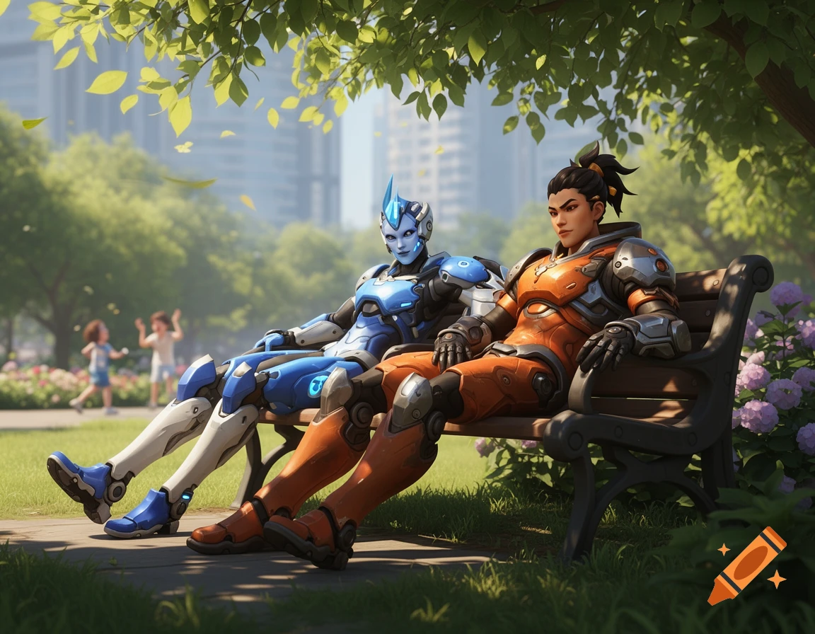 Juno and Wuyang from Overwatch sit on a park bench under a leafy tree, with children playing in a sunny park background. Stylized art.