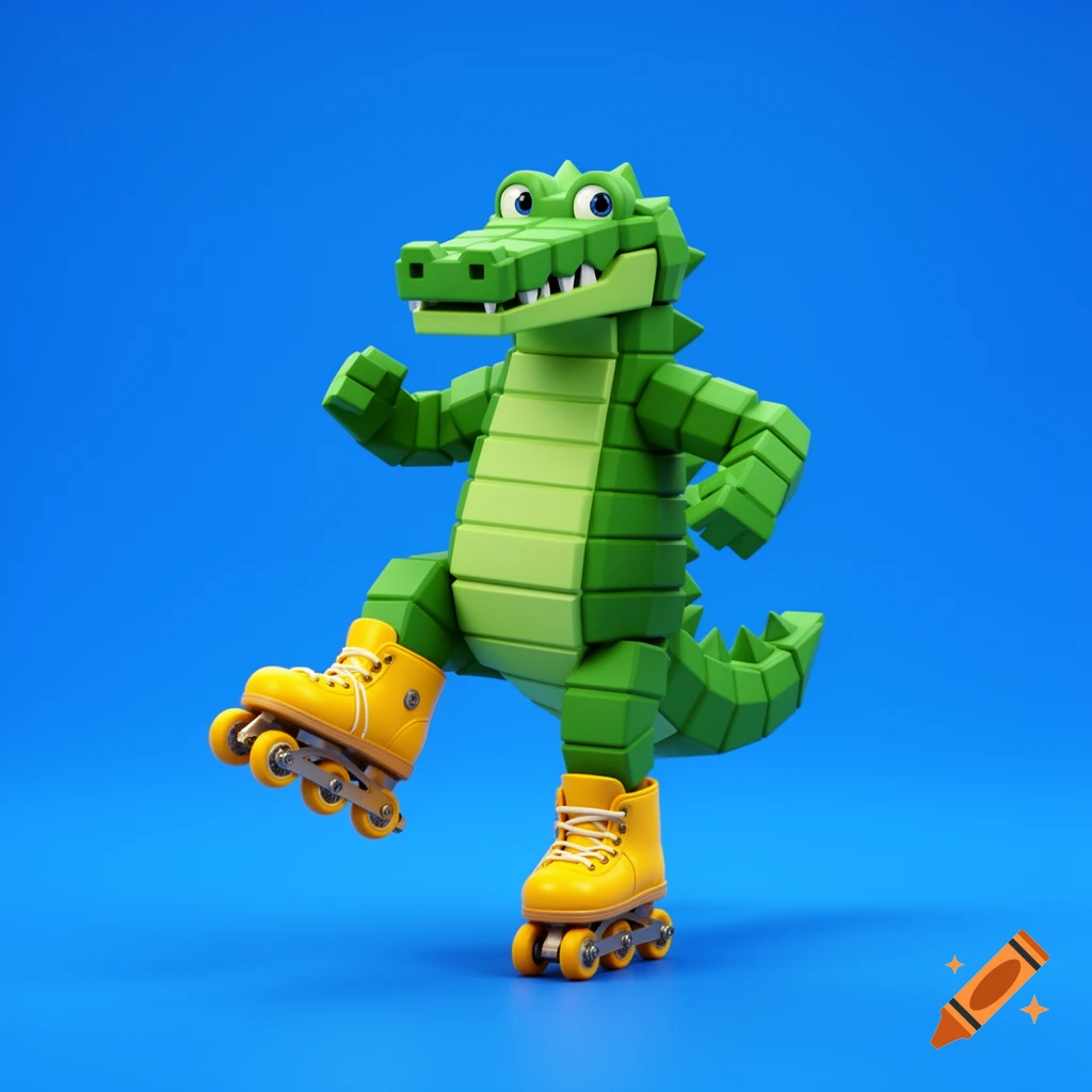A stylized 3D green blocky cartoon crocodile on yellow rollerblades, with one leg raised, against a solid blue background.