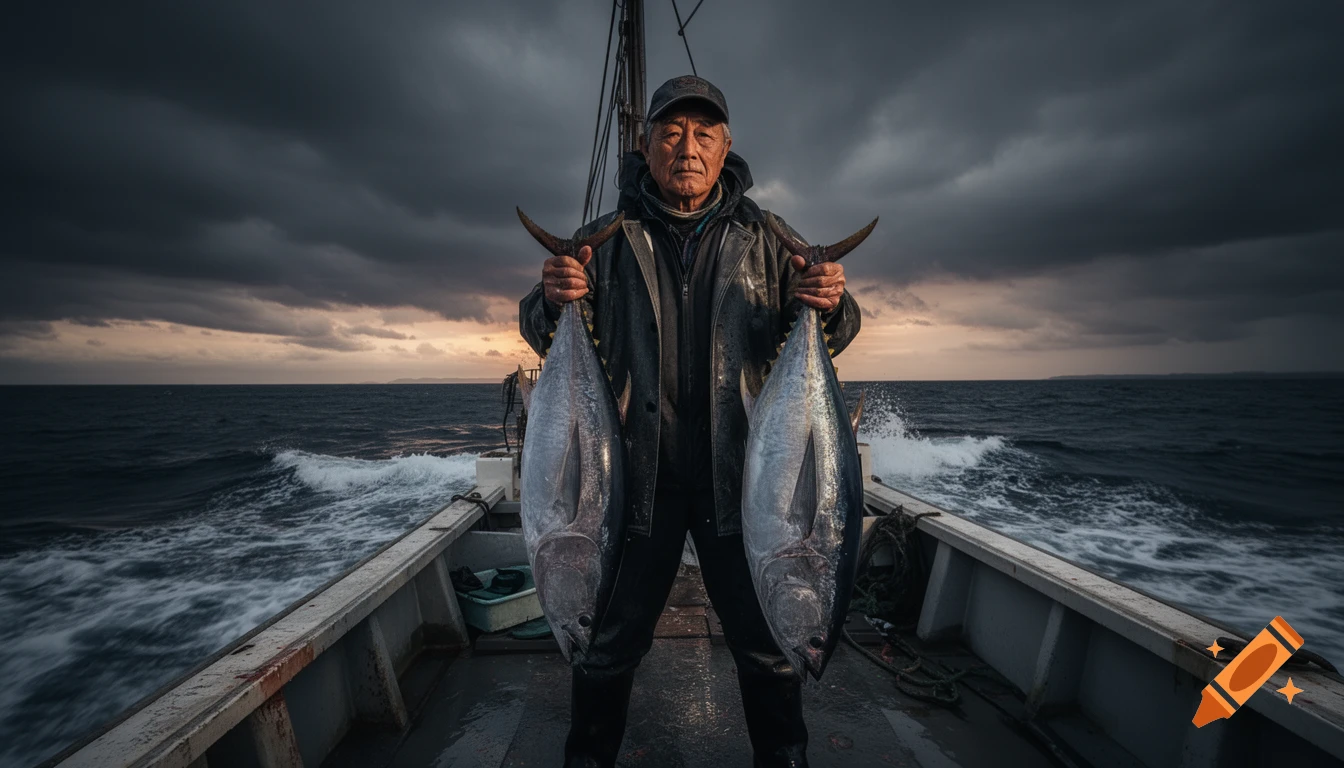 Photorealistic image of a veteran Japanese fisherman holding two large tuna fish on a fishing boat in a stormy ocean at dawn.
