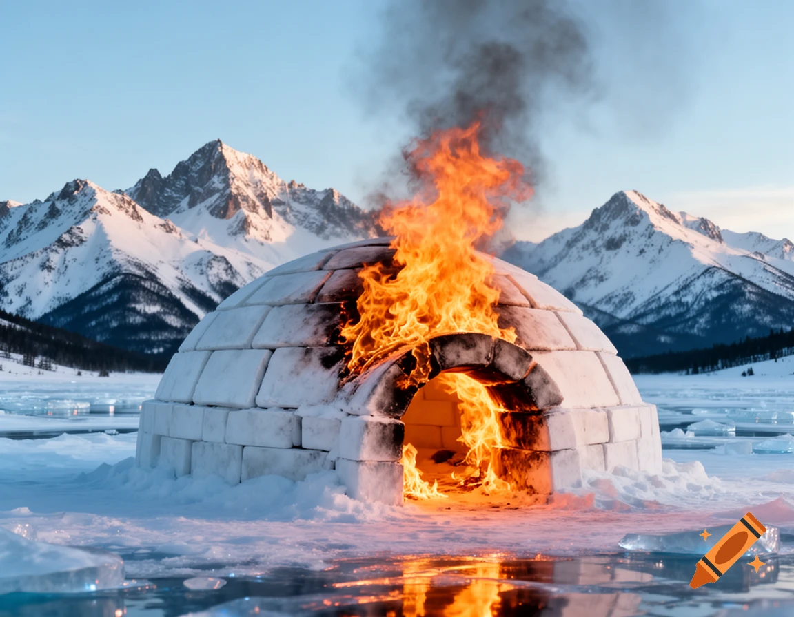 A burning igloo on a frozen lake with snowy mountains in the background, under a clear sky.