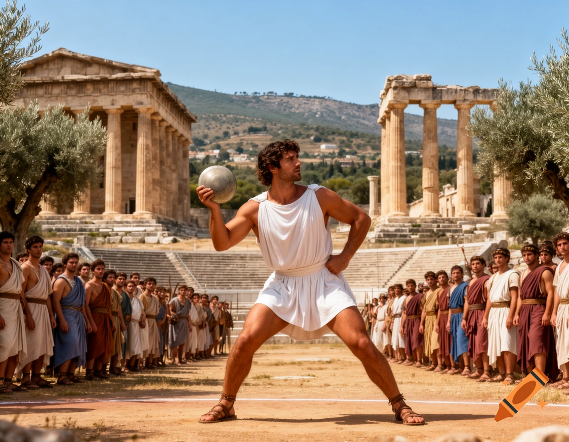 A man in a white toga throws a ball at an ancient Greek Olympic event, with spectators and temple ruins.