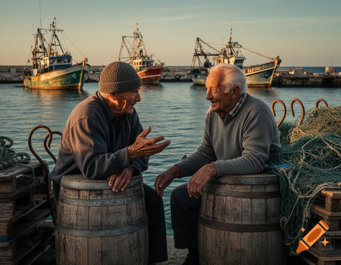 Two elderly fishermen sit on barrels, conversing on a dock with fishing nets and boats in the background at sunset, photorealistic.