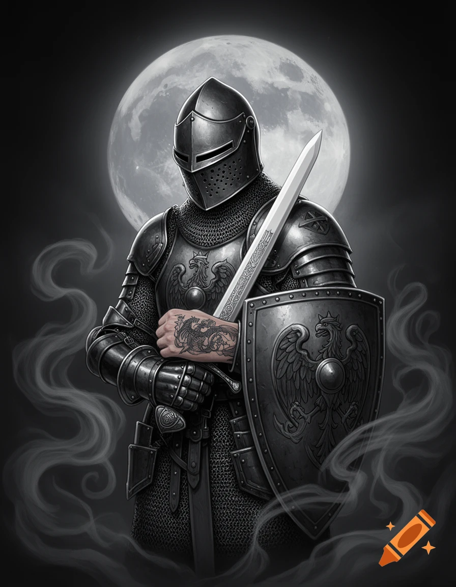 A knight in full armor holds a sword and shield, showcasing a forearm tattoo, against a backdrop of a full moon and smoke.