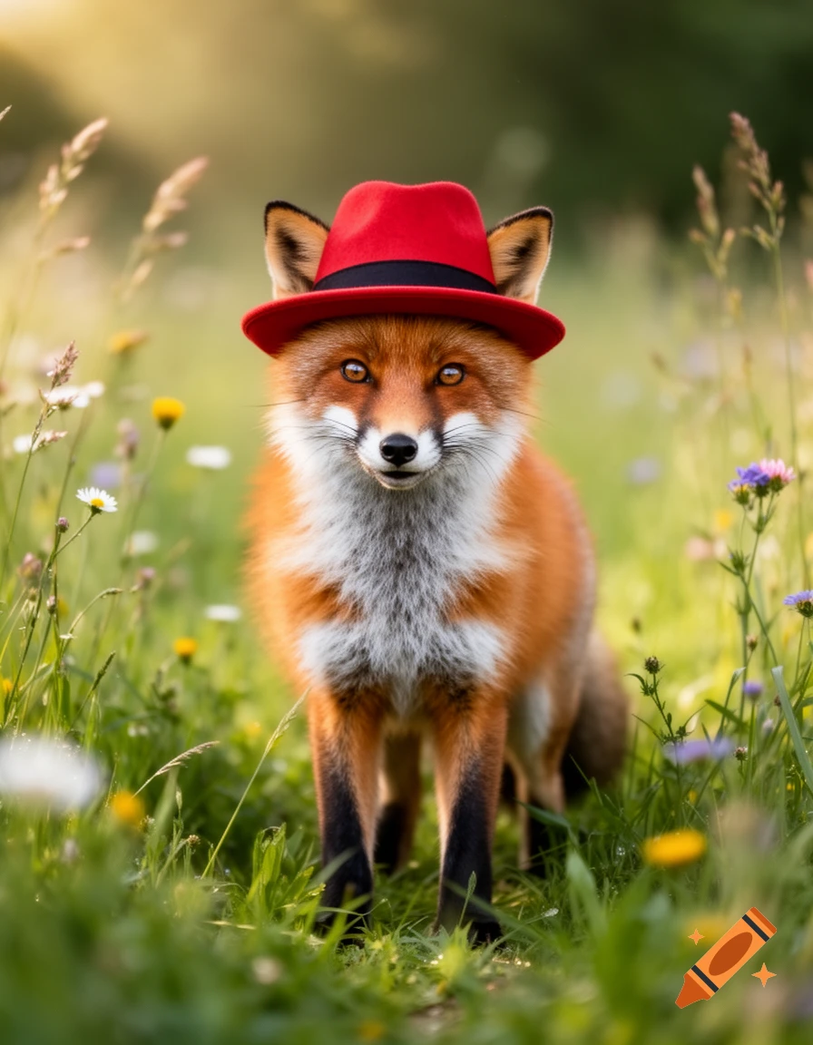A photorealistic fox wearing a red hat stands in a vibrant green meadow filled with wildflowers.
