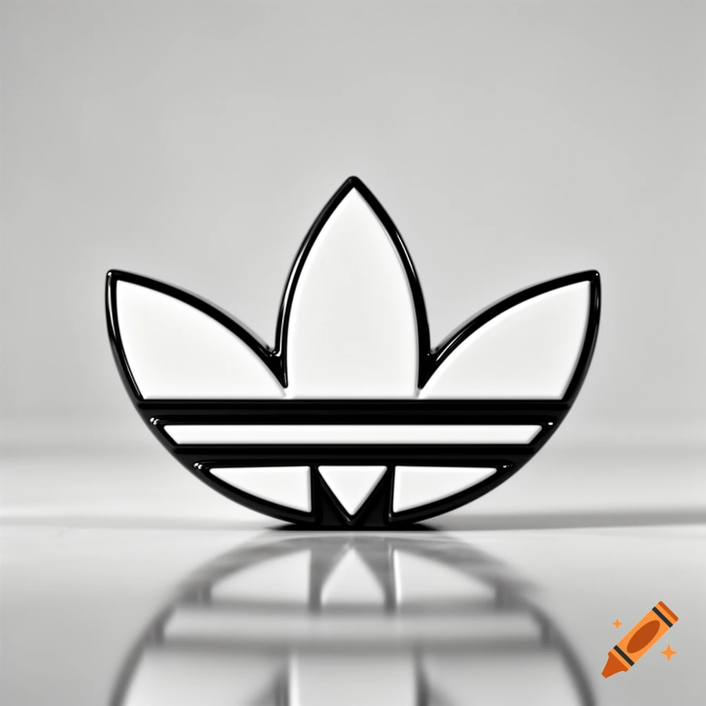 A 3D render of the classic Adidas Trefoil logo, white with a black outline and three black stripes, reflecting on a white surface.
