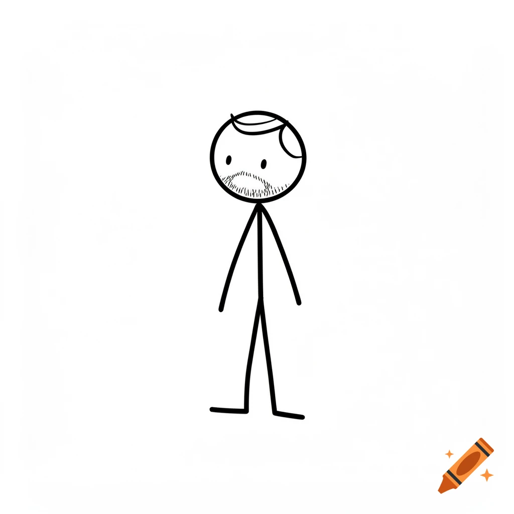 A minimalist black line drawing of a stickman with a beard and short hair on a white background.
