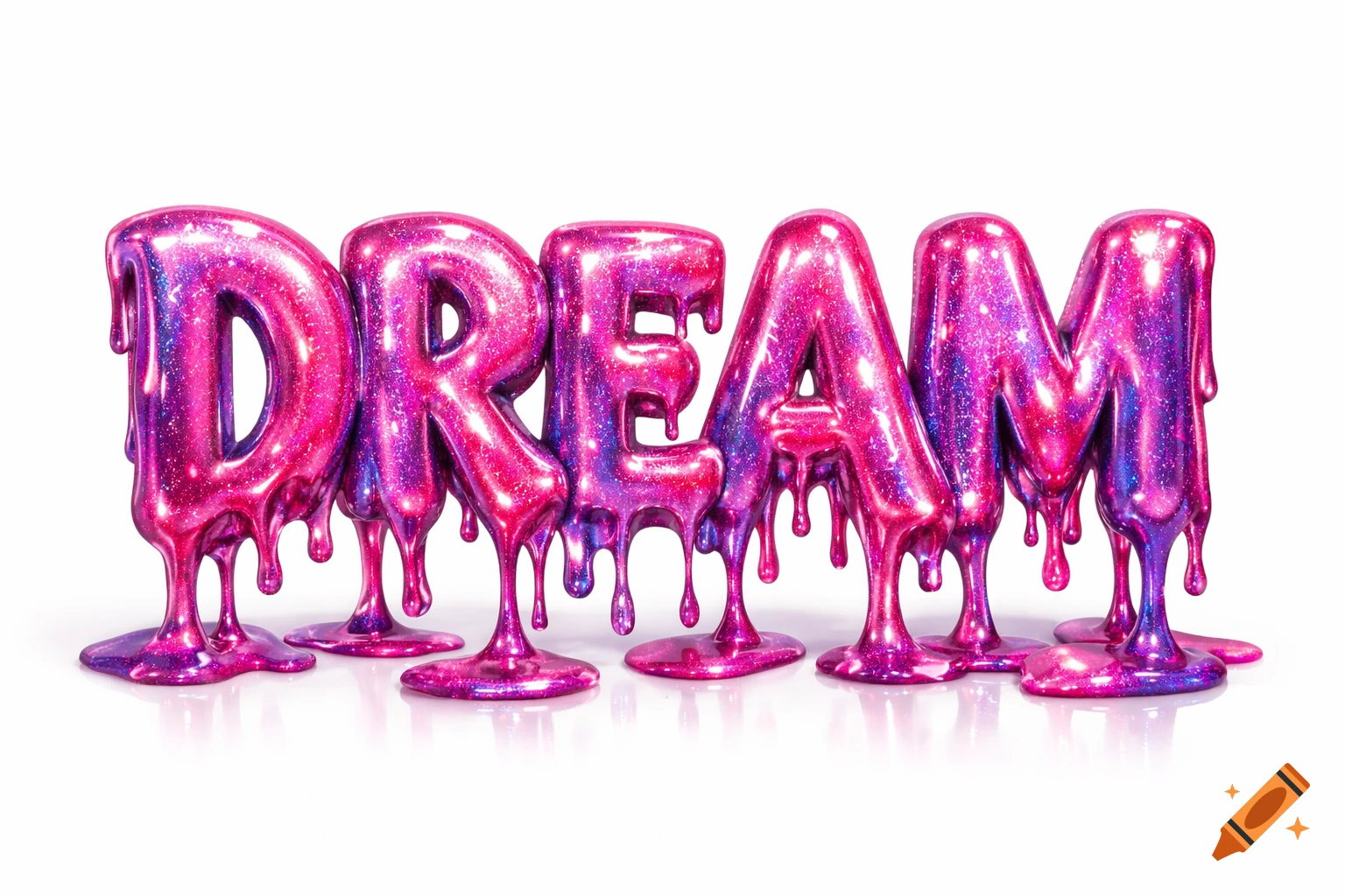 The word DREAM rendered in shiny, melting hot pink and purple glitter letters with drips at the base, on a white background.