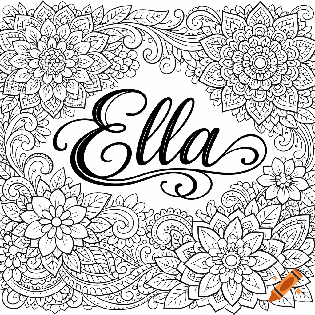 Black and white coloring page featuring the name Ella in script font, surrounded by intricate floral and mandala patterns.