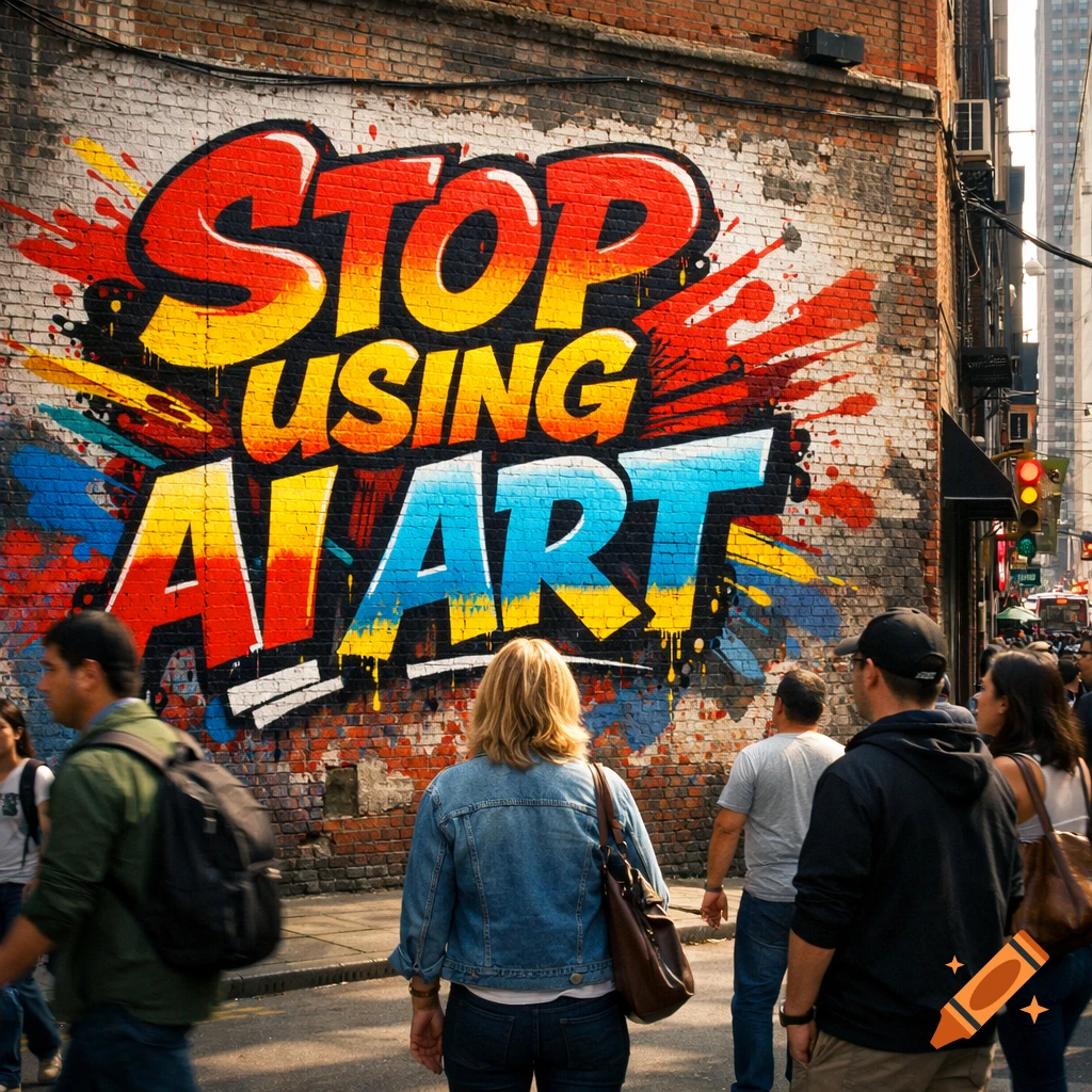 Vibrant graffiti on a brick wall in a city street reads "STOP USING AI ART" with people walking by.