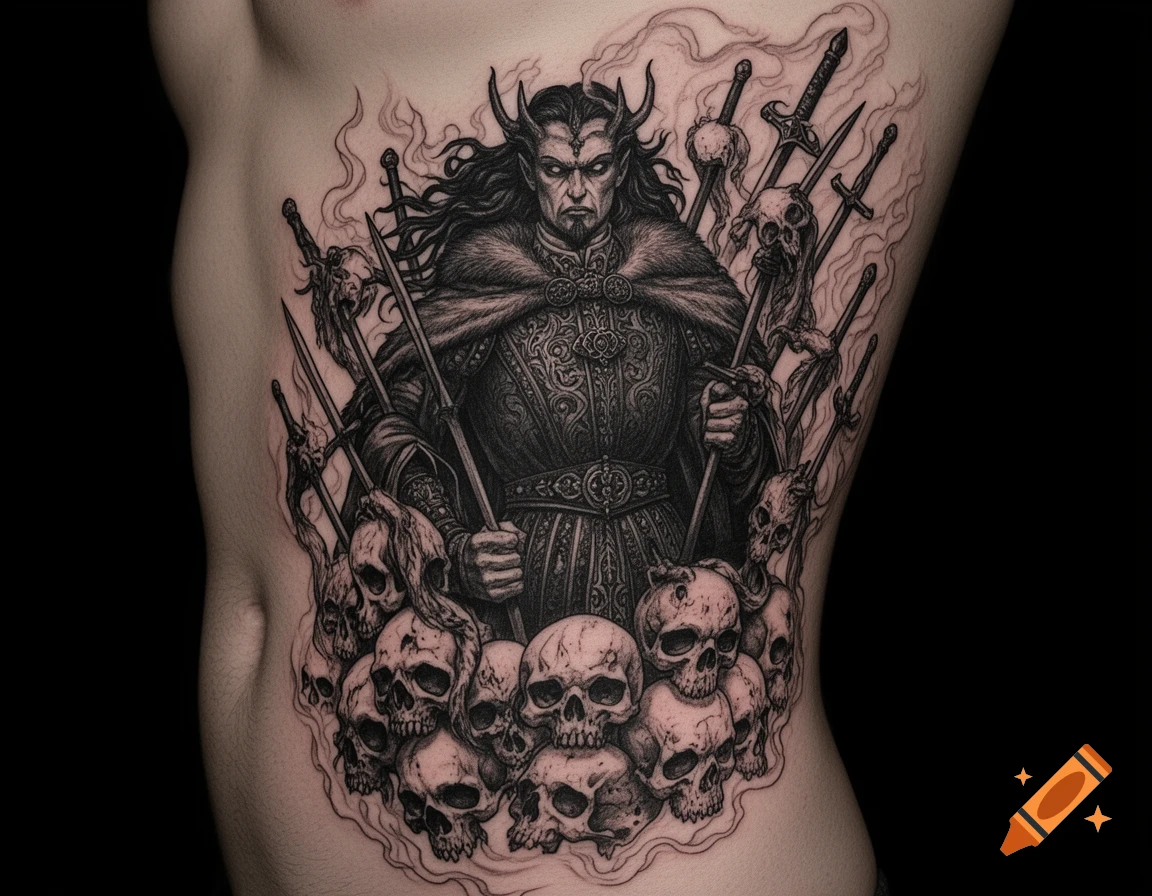 Black and grey tattoo of a horned, cloaked figure with long hair, surrounded by numerous skulls and swords, on a person's side.