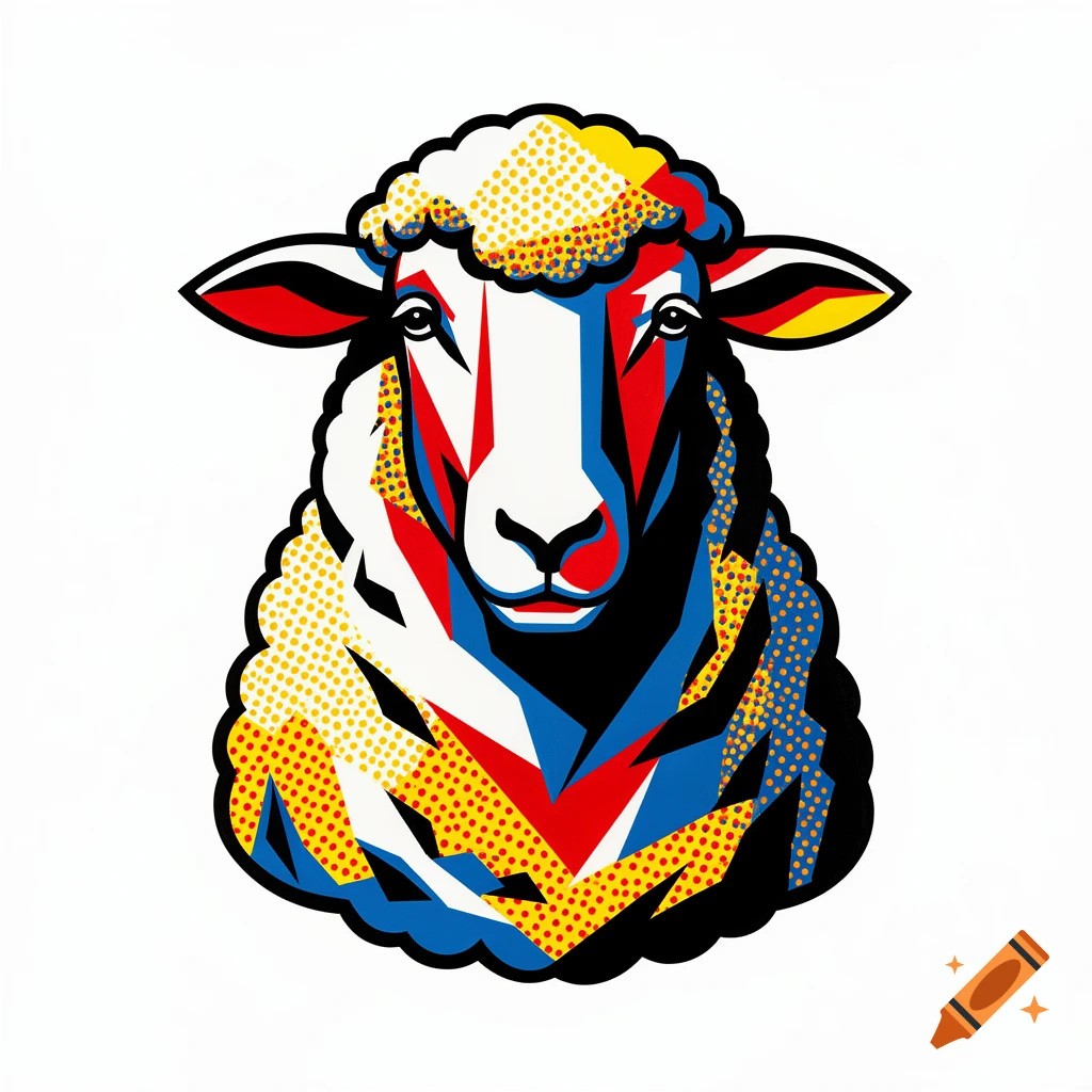 A stylized bust of a sheep in a colorful Cubist and Pop Art style, featuring geometric shapes and halftone dots.