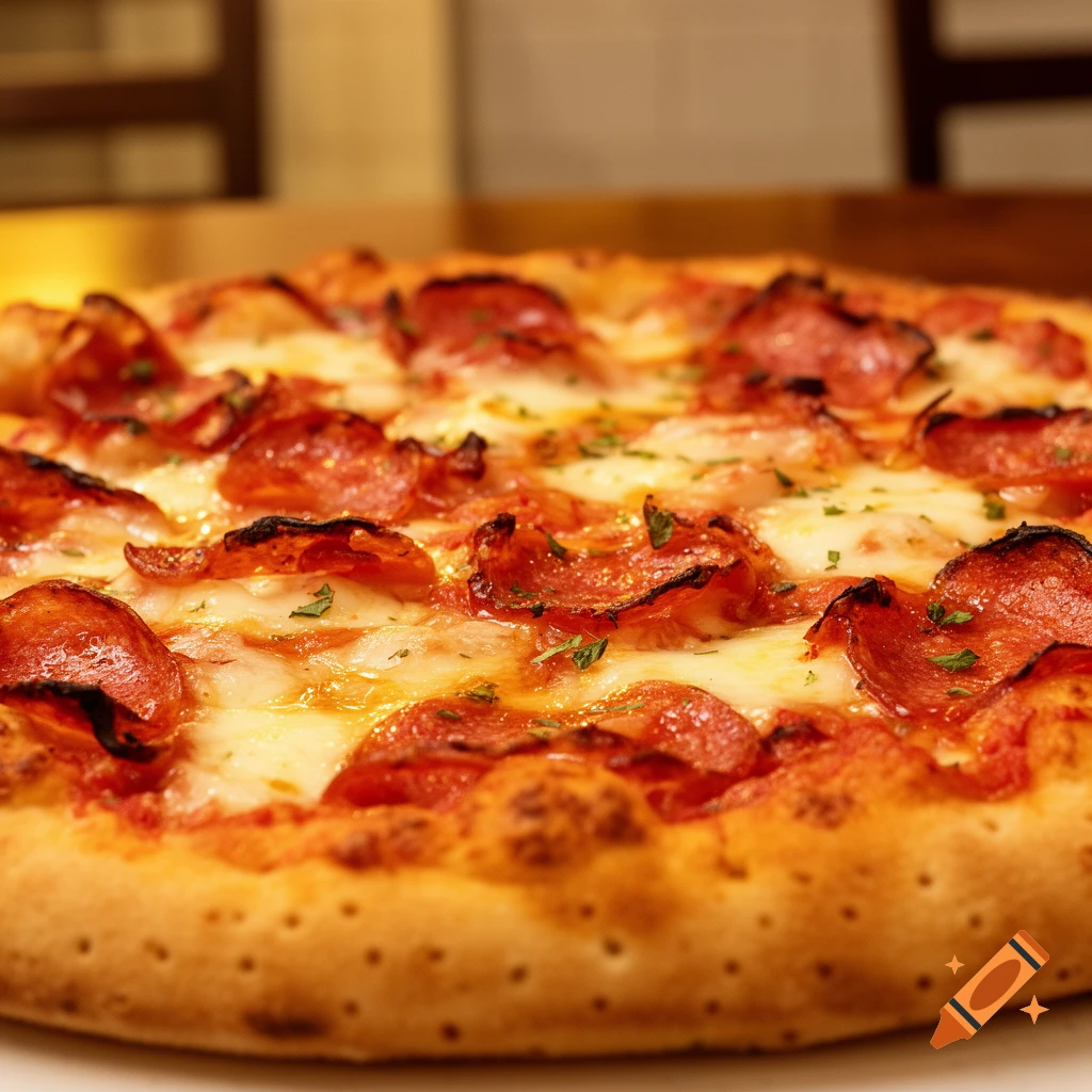 A close-up, mouth-watering view of a pepperoni pizza, topped with melted cheese and fresh herbs, in a restaurant setting.