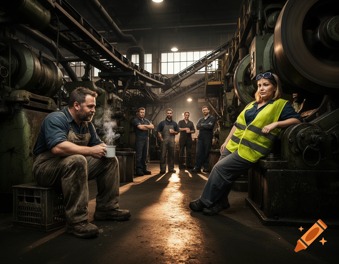 Photorealistic image of factory workers taking a break in a dimly lit factory. A man drinks coffee while a woman leans on machinery.