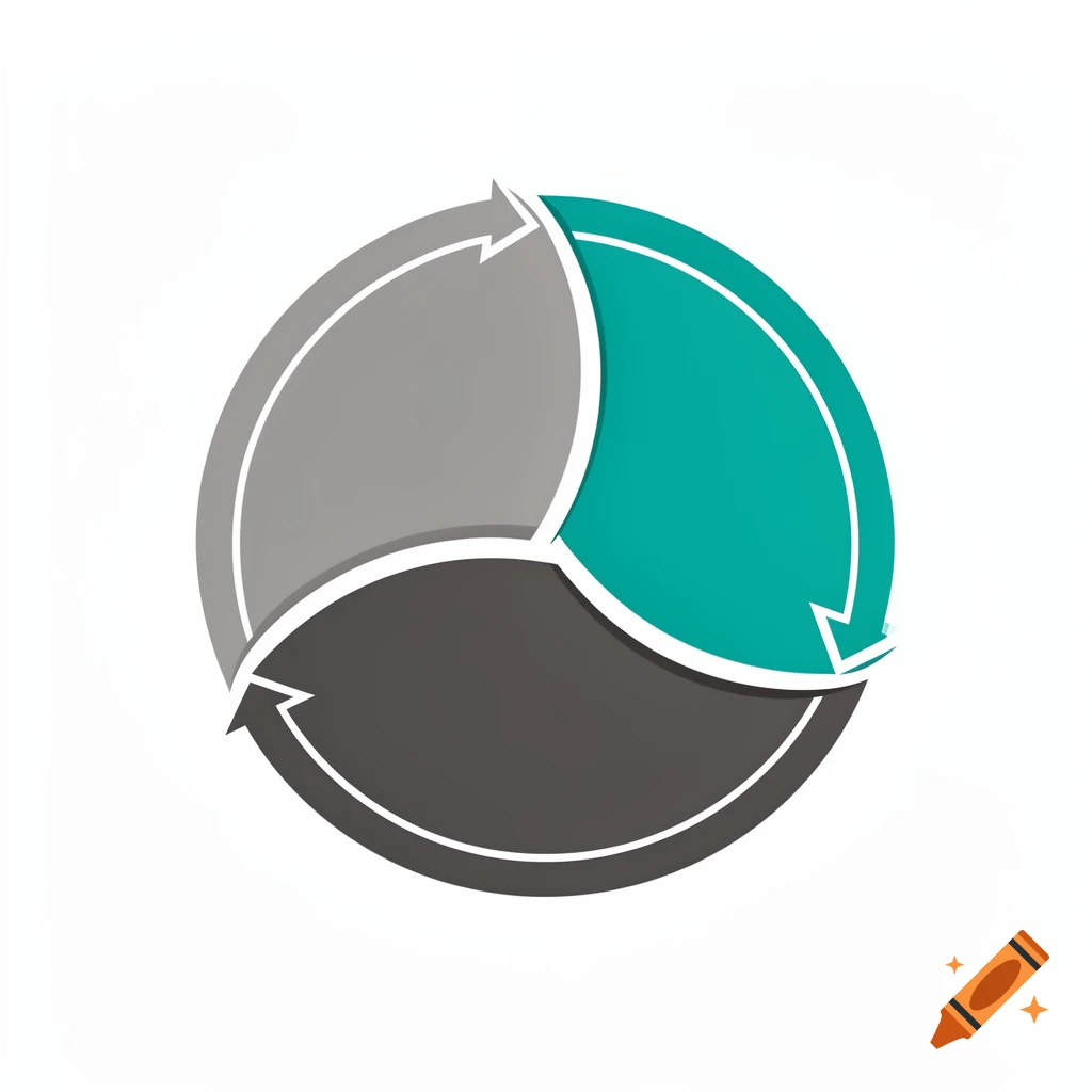 A modern graphic featuring a circle divided into three segments with arrows, forming a continuous circular flow in teal, gray, and dark gray.