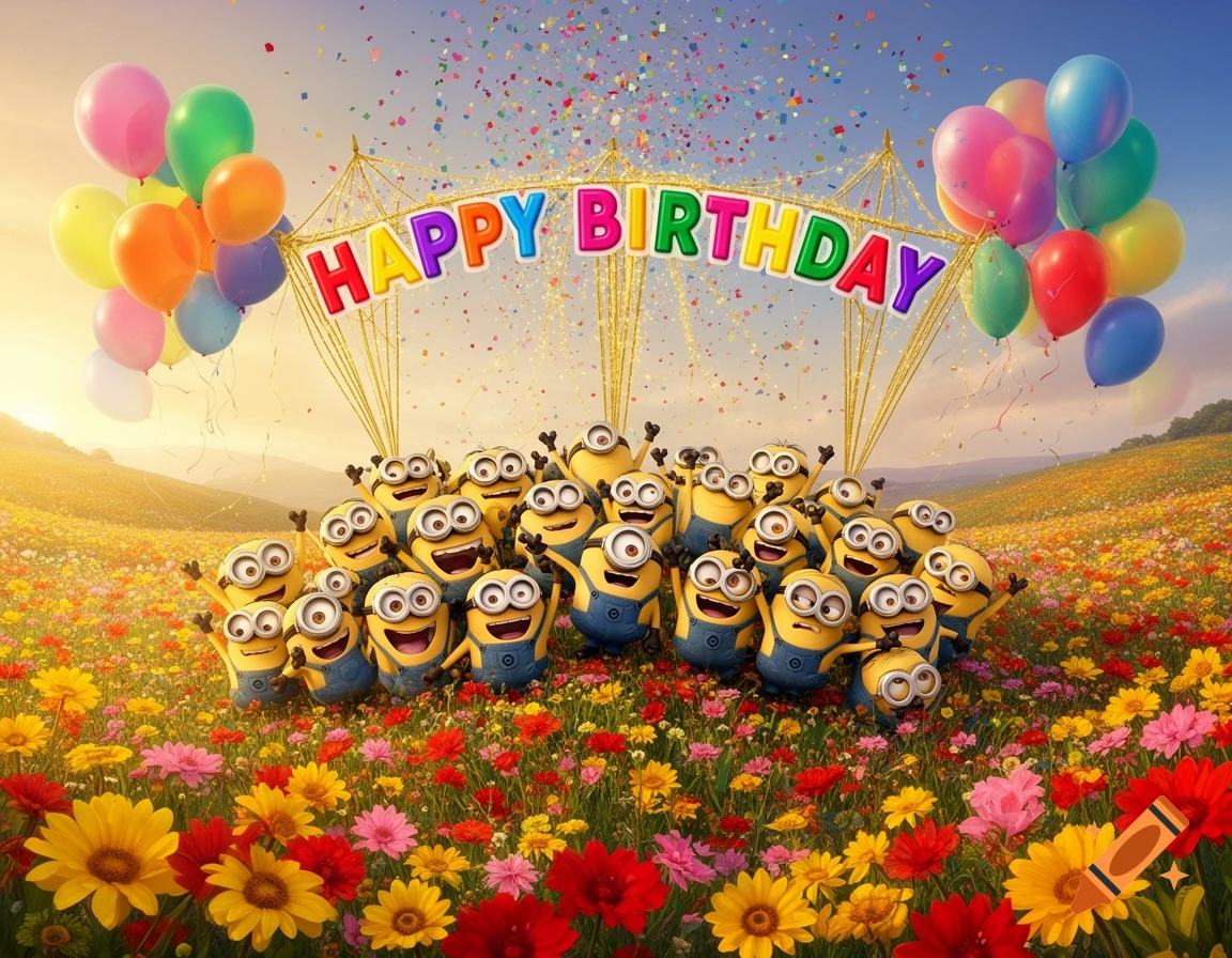 A large group of happy Minions celebrate in a vibrant flower field under a "Happy Birthday" banner with balloons and confetti.