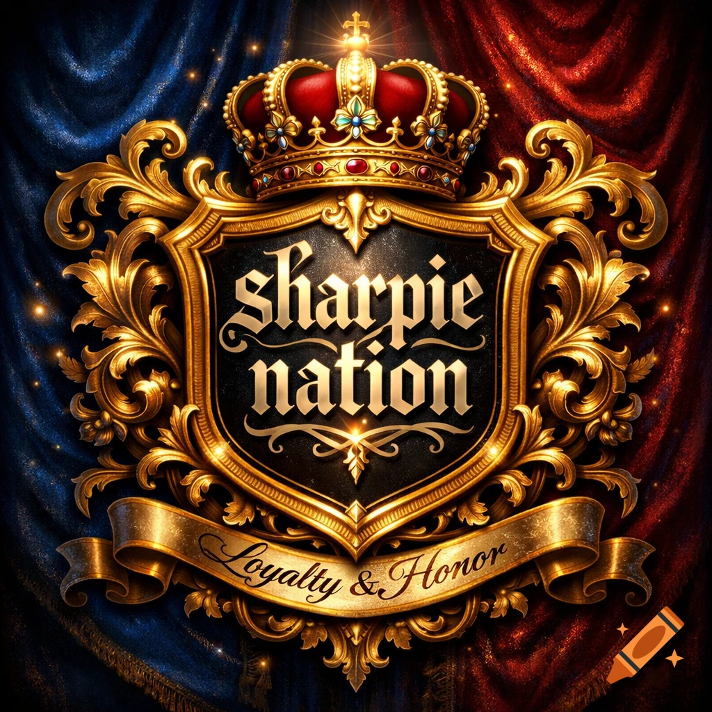 Ornate golden crest with a red crown, reading 'sharpie nation' and 'Loyalty & Honor', against draped red and blue velvet.