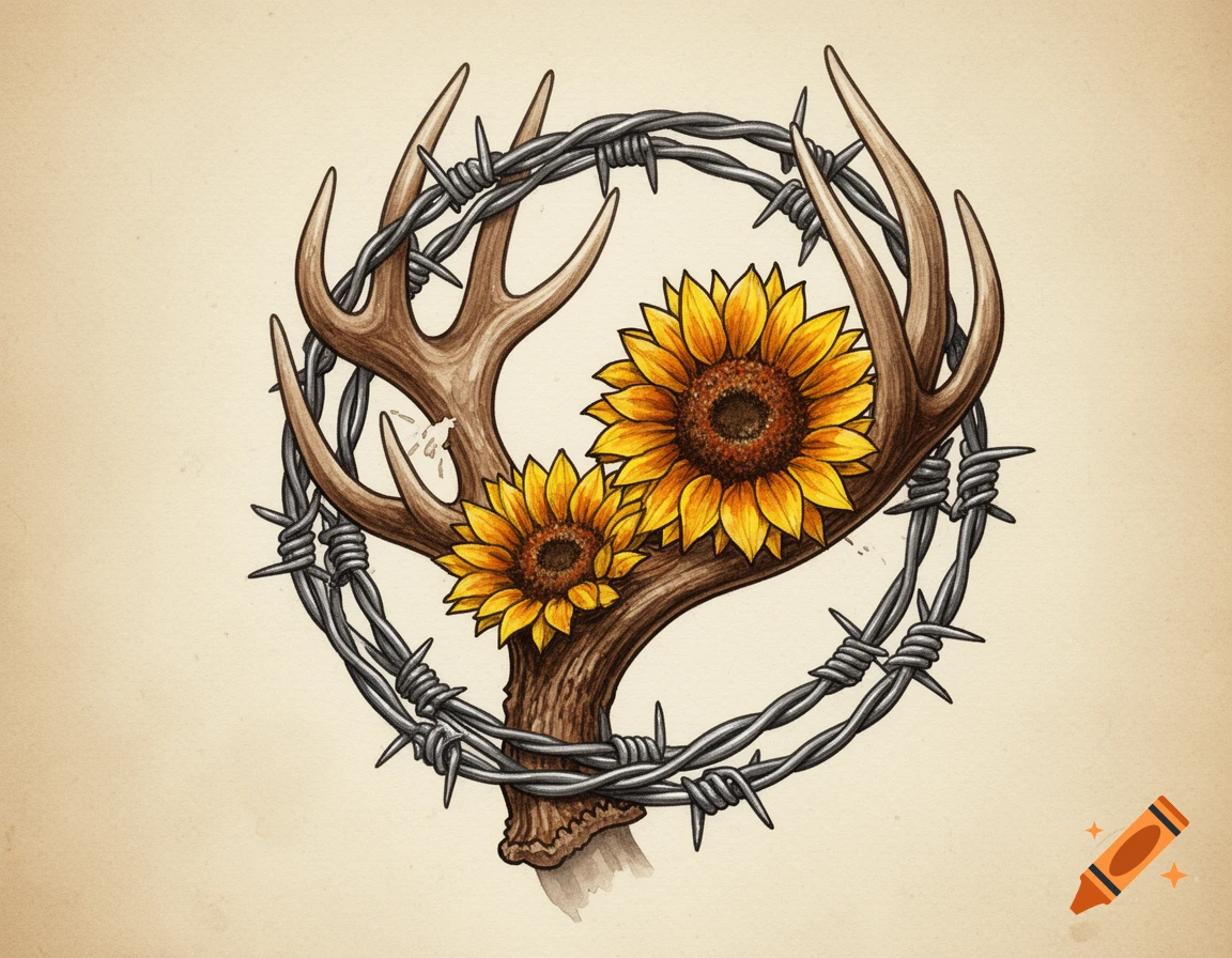 Illustrated tattoo design of a deer antler with two sunflowers and barbed wire wrapped around it.