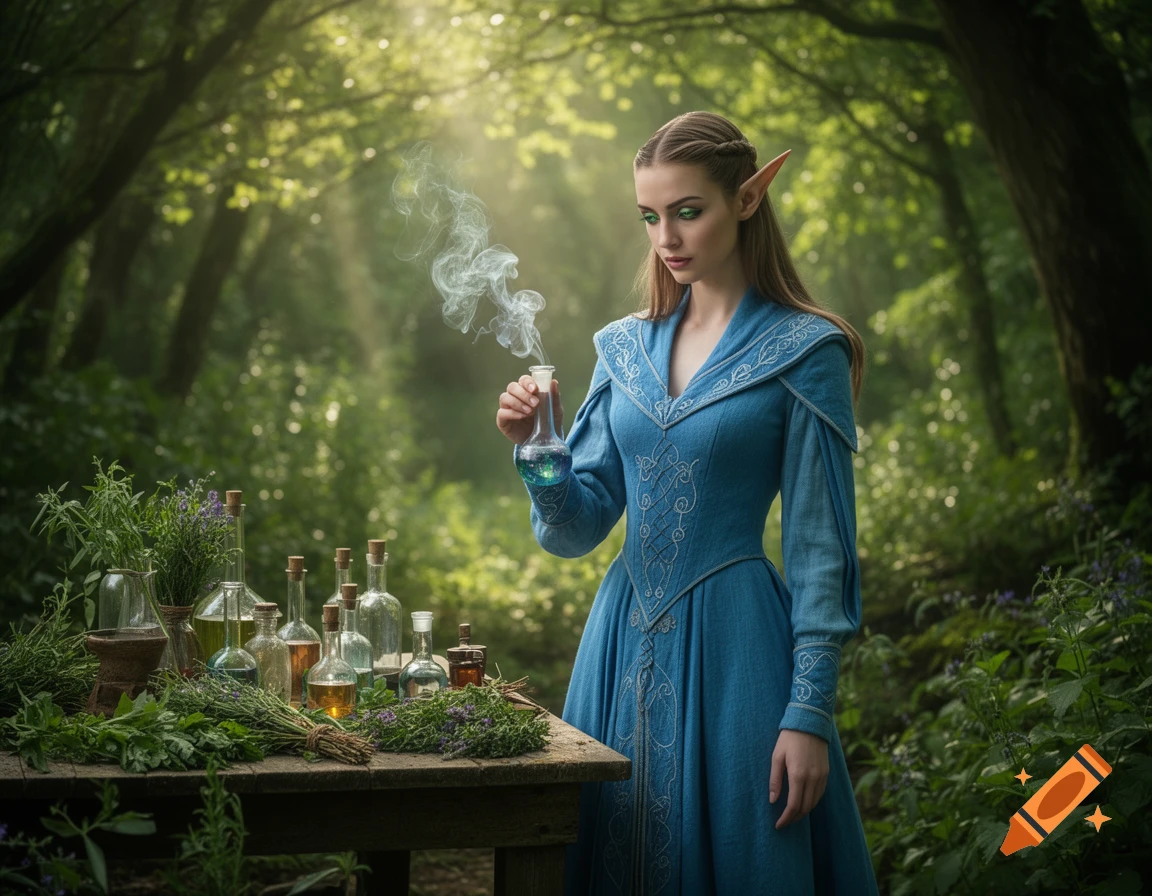 A female wood elf alchemist in a blue dress holds a smoking flask, surrounded by herbs and potion bottles on a wooden table in a sun-dappled forest.