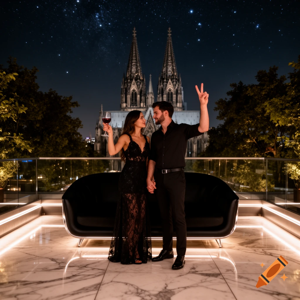 A couple on a luxurious rooftop terrace at night, holding hands, with the Cologne Cathedral in the background.