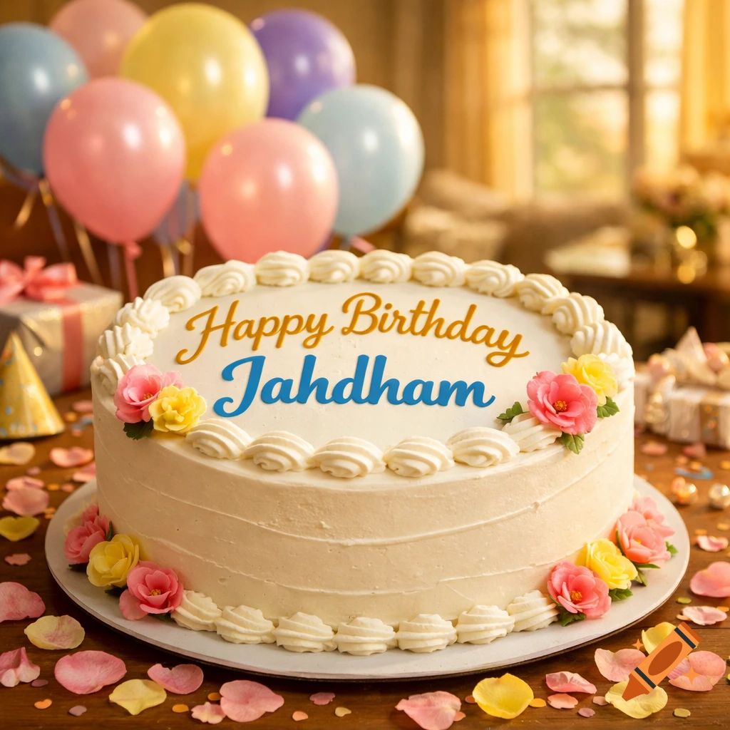 A white birthday cake with 'Happy Birthday Jahdham' on top, decorated with pink and yellow flowers, surrounded by balloons and gifts.