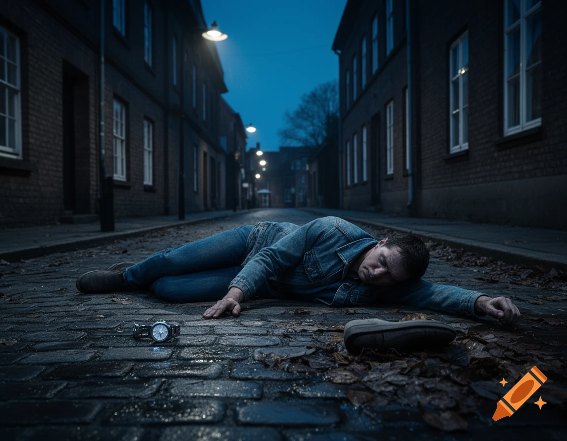 Photorealistic image of a man lying face down on a wet, dark cobblestone street at night, with a watch and shoe nearby.