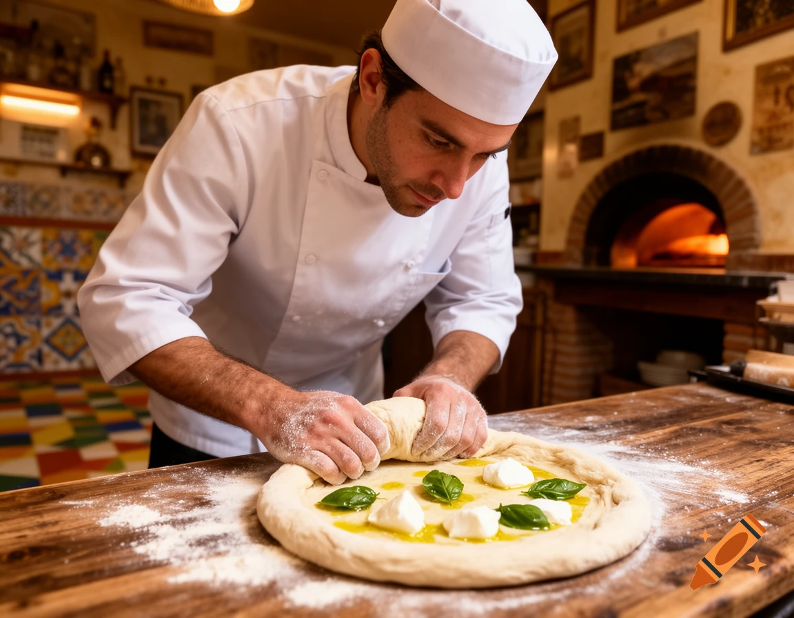 A chef in a white uniform shapes pizza dough with flour on a wooden table, topped with mozzarella and basil, next to a wood-fired oven.