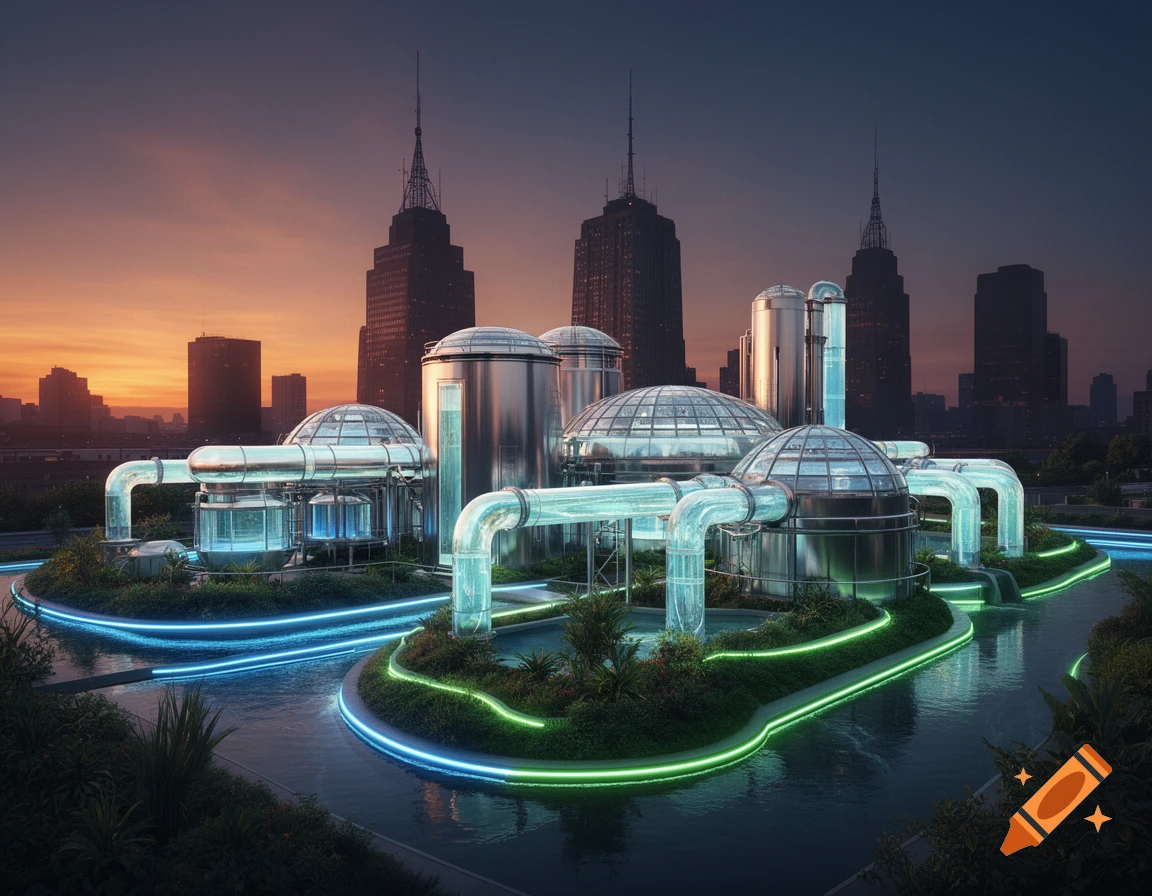 A retro-futuristic wastewater treatment plant with glowing neon lights, pipes, and glass domes, set against a city skyline at sunset.