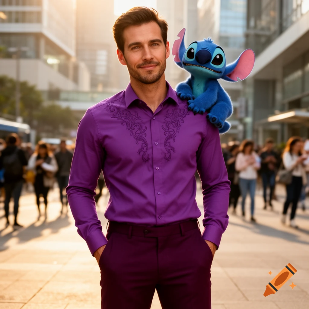 A smiling man in a purple shirt and pants stands on a sunny city street with the blue alien Stitch perched on his shoulder.