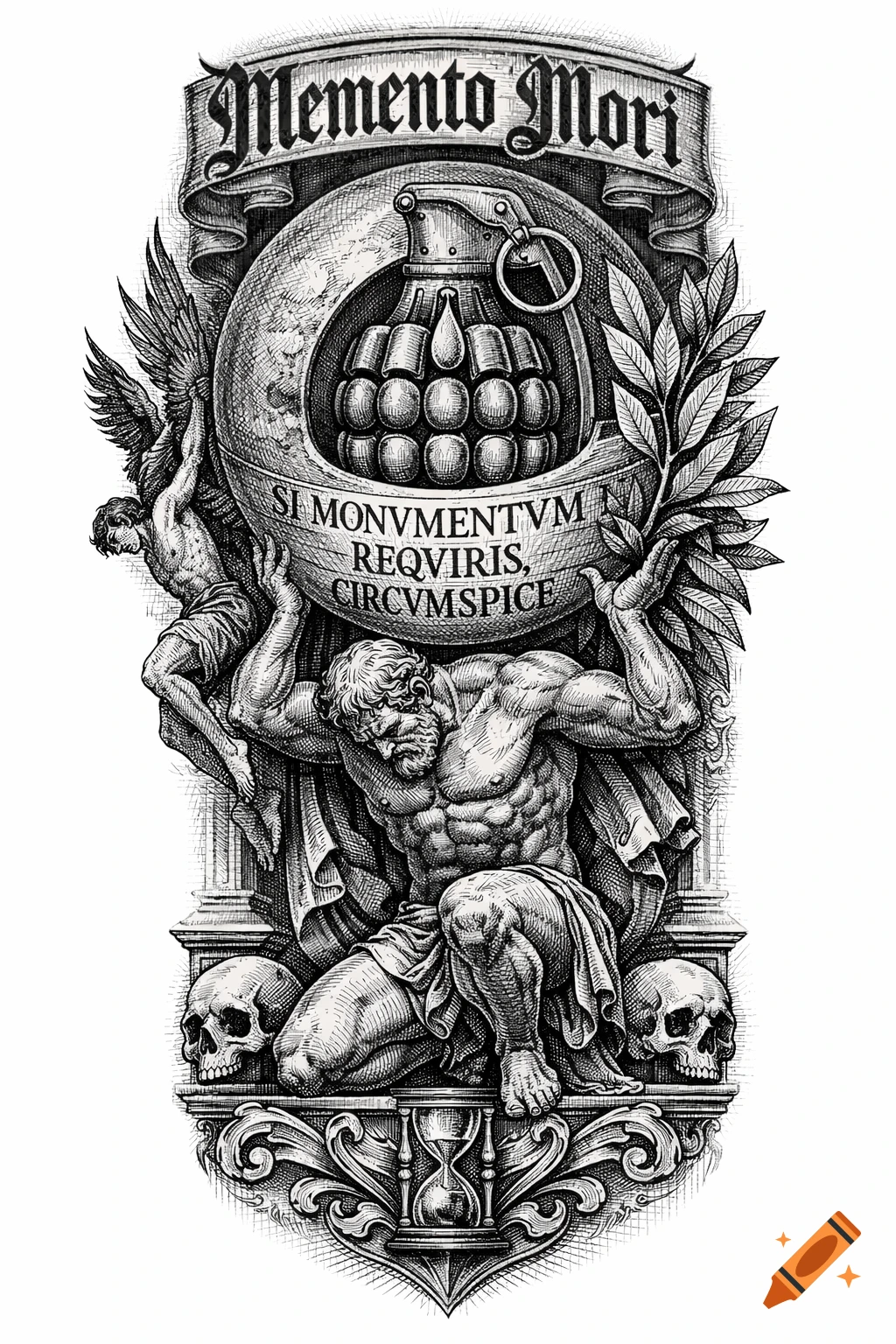 Detailed black and white Renaissance-style engraving of Atlas holding a sphere with a grenade, with text "Memento Mori" and "Si Monumentum Requiris, Circumspice", flanked by Icarus and laurel, with skulls and hourglass below.